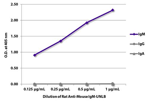 ELISA: The plate was coated with purified Mouse IgM, IgG, and IgA. Immunoglobulins were detected with serially diluted ARG21597 Rat anti-Mouse IgM antibody [1B4B1] followed by ARG23816 Goat anti-Rat Ig antibody (HRP) (pre-adsorbed).
