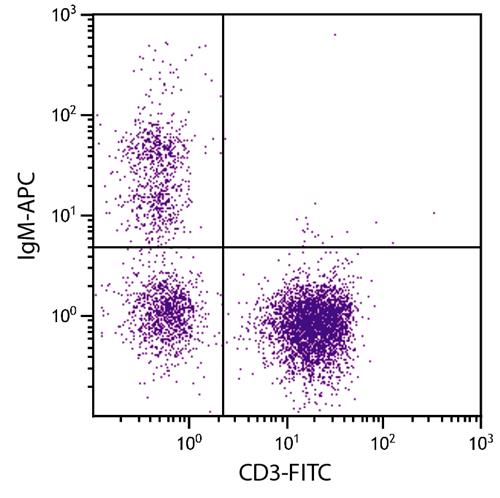 Flow Cytometry: Chicken peripheral blood lymphocytes stained with ARG22351 Mouse anti-Chicken IgM antibody [M-1] (APC) and ARG21151 anti-CD3 antibody [CT-3] (FITC).