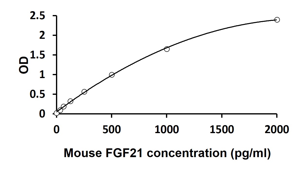 ARG81911 Mouse FGF21 ELISA Kit results of a typical standard run with optical density reading at 450 nm. ARG81911 Mouse FGF21 ELISA Kit results of a typical standard run with optical density reading at 450 nm.