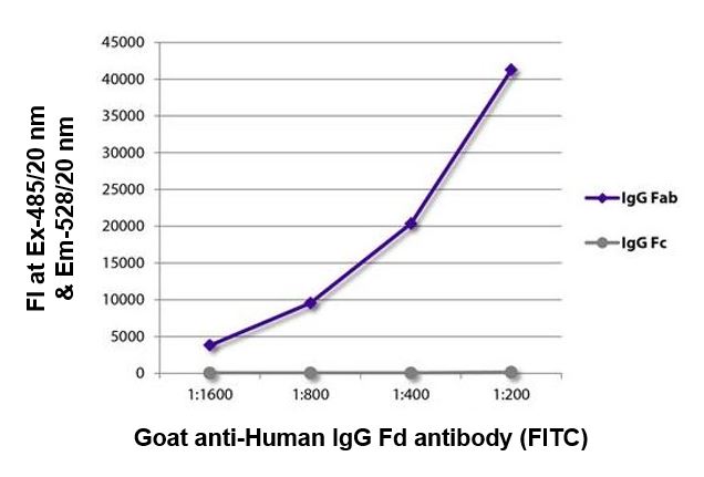 FLISA: The plate was coated with purified Human IgG Fab and IgG Fc. Immunoglobulins were detected with serially diluted ARG24057 Goat anti-Human IgG (Fd) antibody (FITC) (pre-adsorbed).