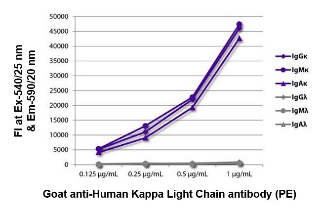 FLISA: The plate was coated with purified Human IgGkappa, IgMkappa, IgAkappa, IgGlambda, IgMlambda and IgAlambda. Immunoglobulins were detected with serially diluted ARG24063 Goat anti-Human Kappa Light Chain antibody (PE) (pre-adsorbed).